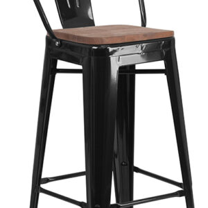 Wholesale 30" High Black Metal Barstool with Back and Wood Seat