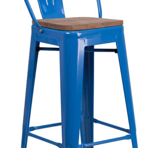 Wholesale 30" High Blue Metal Barstool with Back and Wood Seat