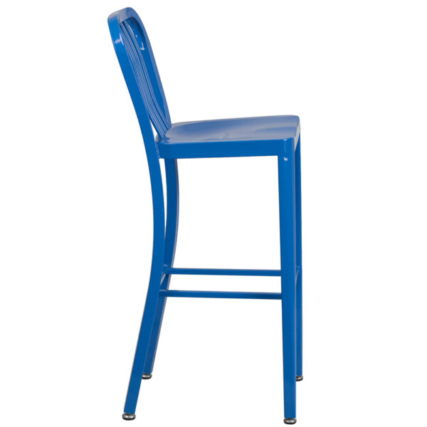 Lowest Price 30'' High Blue Metal Indoor-Outdoor Barstool with Vertical Slat Back