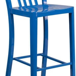 Wholesale 30'' High Blue Metal Indoor-Outdoor Barstool with Vertical Slat Back