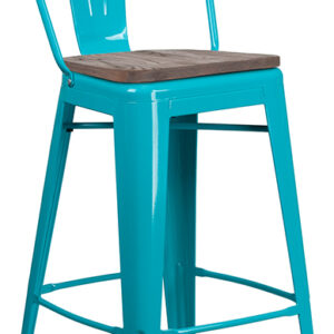 Wholesale 30" High Crystal Teal-Blue Metal Barstool with Back and Wood Seat
