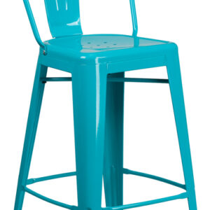 Wholesale 30'' High Crystal Teal-Blue Metal Indoor-Outdoor Barstool with Back