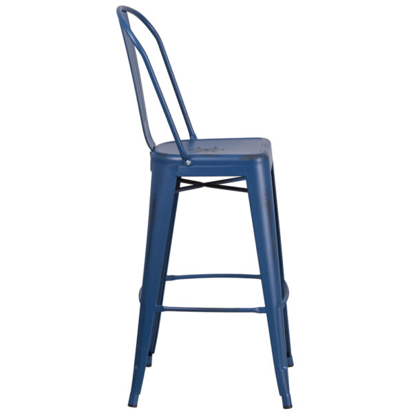 Lowest Price 30'' High Distressed Antique Blue Metal Indoor-Outdoor Barstool with Back
