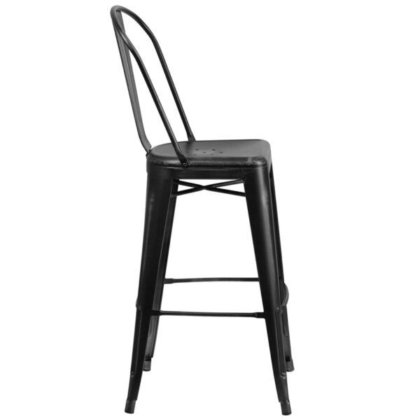 Lowest Price 30'' High Distressed Black Metal Indoor-Outdoor Barstool with Back