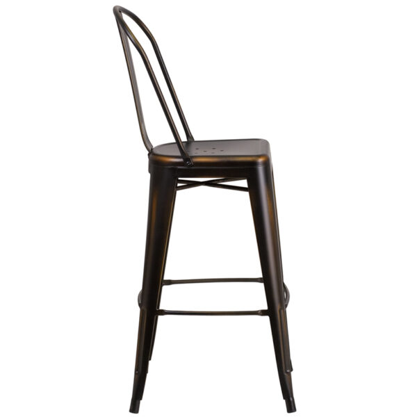 Lowest Price 30'' High Distressed Copper Metal Indoor-Outdoor Barstool with Back