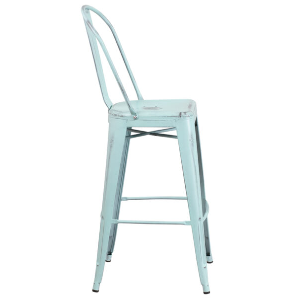 Lowest Price 30'' High Distressed Green-Blue Metal Indoor-Outdoor Barstool with Back