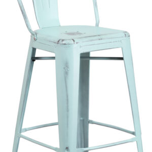 Wholesale 30'' High Distressed Green-Blue Metal Indoor-Outdoor Barstool with Back