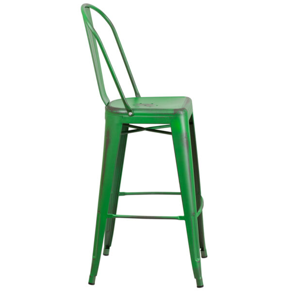 Lowest Price 30'' High Distressed Green Metal Indoor-Outdoor Barstool with Back
