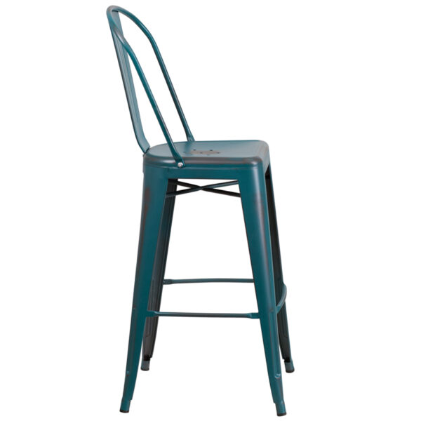 Lowest Price 30'' High Distressed Kelly Blue-Teal Metal Indoor-Outdoor Barstool with Back