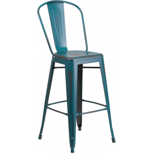 Wholesale 30'' High Distressed Kelly Blue-Teal Metal Indoor-Outdoor Barstool with Back