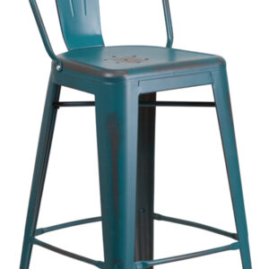 Wholesale 30'' High Distressed Kelly Blue-Teal Metal Indoor-Outdoor Barstool with Back