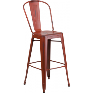 Wholesale 30'' High Distressed Kelly Red Metal Indoor-Outdoor Barstool with Back