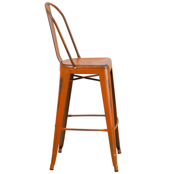 Lowest Price 30'' High Distressed Orange Metal Indoor-Outdoor Barstool with Back