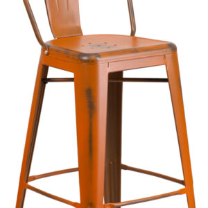 Wholesale 30'' High Distressed Orange Metal Indoor-Outdoor Barstool with Back
