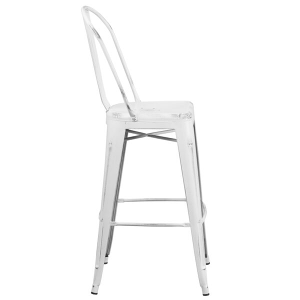 Lowest Price 30'' High Distressed White Metal Indoor-Outdoor Barstool with Back