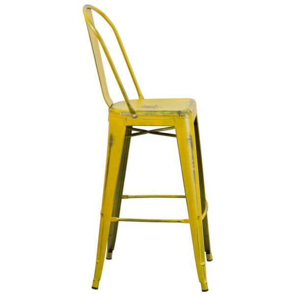 Lowest Price 30'' High Distressed Yellow Metal Indoor-Outdoor Barstool with Back