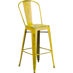 Wholesale 30'' High Distressed Yellow Metal Indoor-Outdoor Barstool with Back