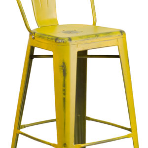 Wholesale 30'' High Distressed Yellow Metal Indoor-Outdoor Barstool with Back