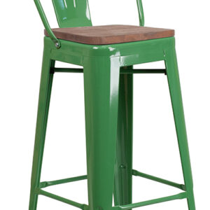 Wholesale 30" High Green Metal Barstool with Back and Wood Seat