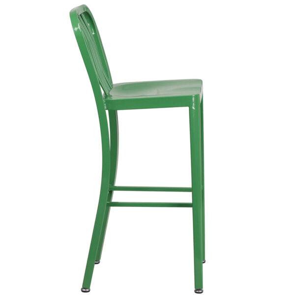 Lowest Price 30'' High Green Metal Indoor-Outdoor Barstool with Vertical Slat Back