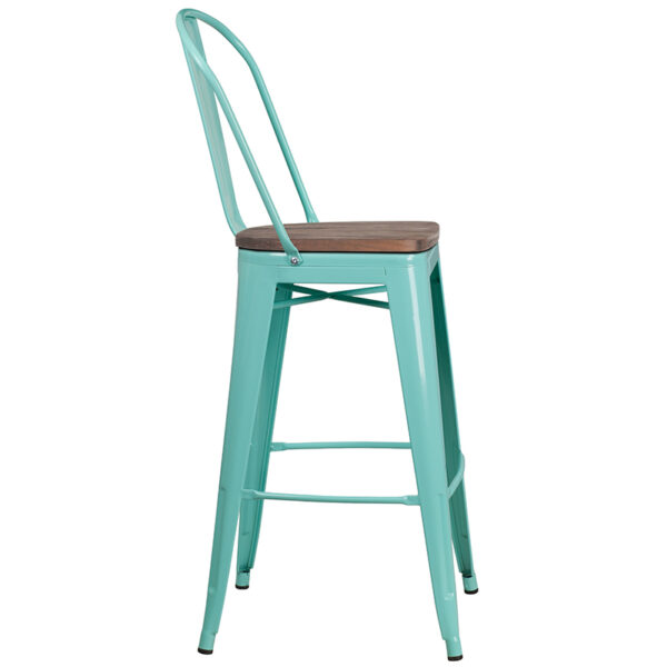 Lowest Price 30" High Mint Green Metal Barstool with Back and Wood Seat