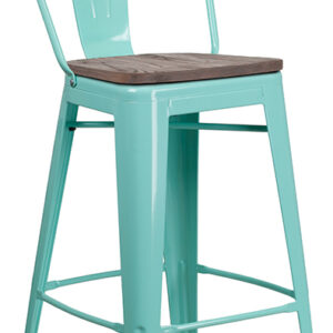 Wholesale 30" High Mint Green Metal Barstool with Back and Wood Seat