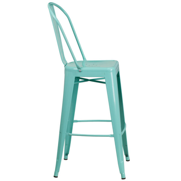 Lowest Price 30'' High Mint Green Metal Indoor-Outdoor Barstool with Back