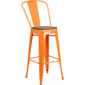 Wholesale 30" High Orange Metal Barstool with Back and Wood Seat