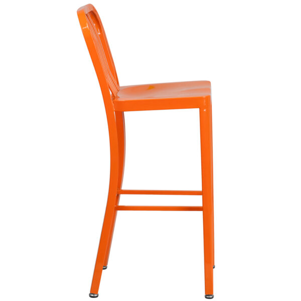 Lowest Price 30'' High Orange Metal Indoor-Outdoor Barstool with Vertical Slat Back