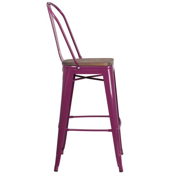 Lowest Price 30" High Purple Metal Barstool with Back and Wood Seat