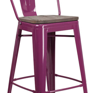 Wholesale 30" High Purple Metal Barstool with Back and Wood Seat