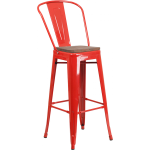 Wholesale 30" High Red Metal Barstool with Back and Wood Seat