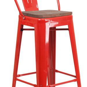Wholesale 30" High Red Metal Barstool with Back and Wood Seat