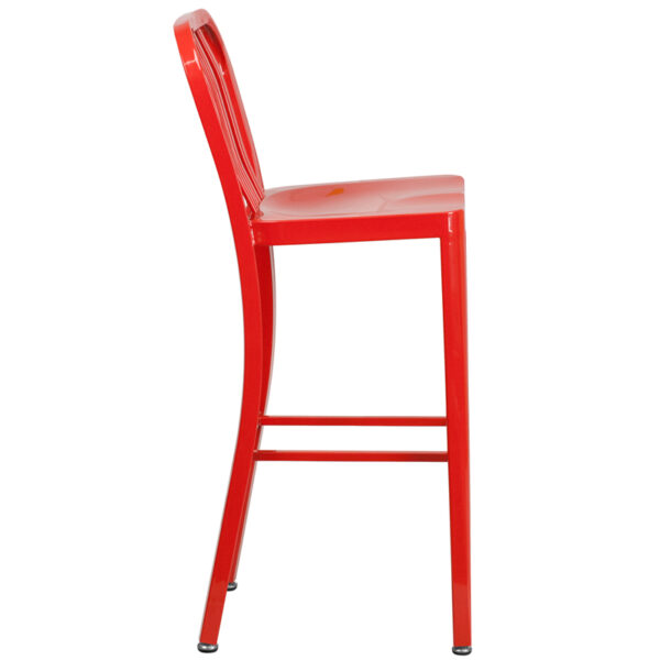 Lowest Price 30'' High Red Metal Indoor-Outdoor Barstool with Vertical Slat Back