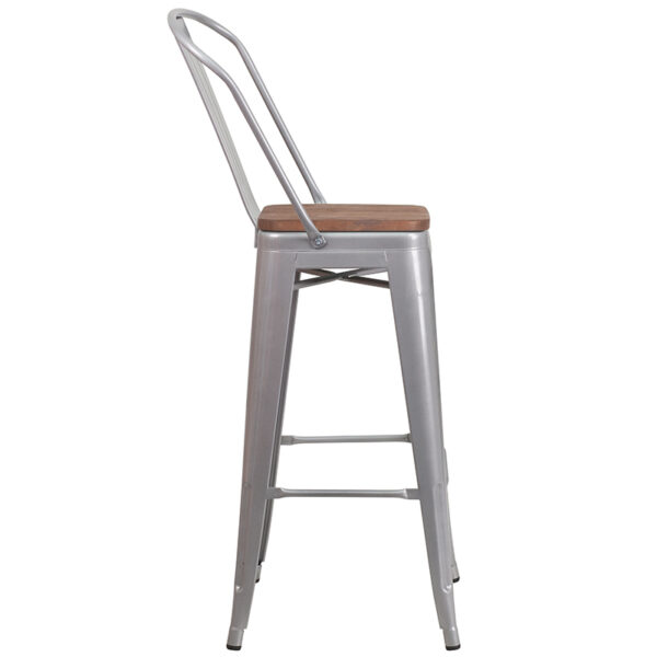 Lowest Price 30" High Silver Metal Barstool with Back and Wood Seat