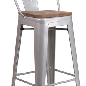 Wholesale 30" High Silver Metal Barstool with Back and Wood Seat