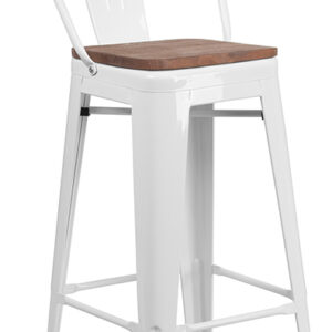 Wholesale 30" High White Metal Barstool with Back and Wood Seat