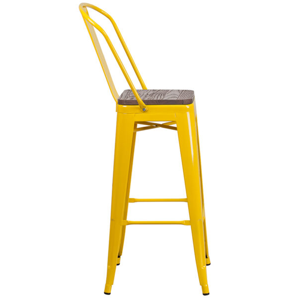 Lowest Price 30" High Yellow Metal Barstool with Back and Wood Seat
