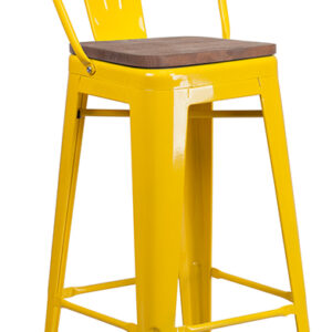 Wholesale 30" High Yellow Metal Barstool with Back and Wood Seat