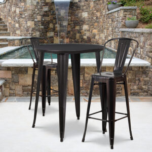 Wholesale 30'' Round Black-Antique Gold Metal Indoor-Outdoor Bar Table Set with 2 Cafe Stools