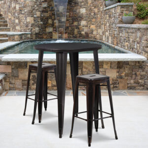 Wholesale 30'' Round Black-Antique Gold Metal Indoor-Outdoor Bar Table Set with 2 Square Seat Backless Stools