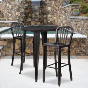Wholesale 30'' Round Black-Antique Gold Metal Indoor-Outdoor Bar Table Set with 2 Vertical Slat Back Stools