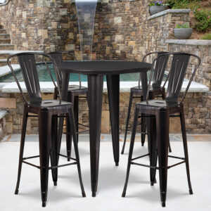 Wholesale 30'' Round Black-Antique Gold Metal Indoor-Outdoor Bar Table Set with 4 Cafe Stools