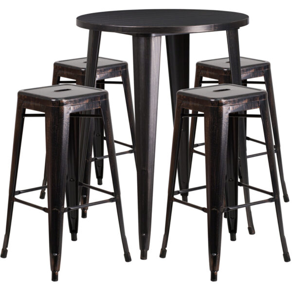 Lowest Price 30'' Round Black-Antique Gold Metal Indoor-Outdoor Bar Table Set with 4 Square Seat Backless Stools