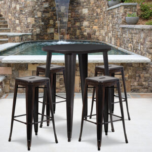 Wholesale 30'' Round Black-Antique Gold Metal Indoor-Outdoor Bar Table Set with 4 Square Seat Backless Stools