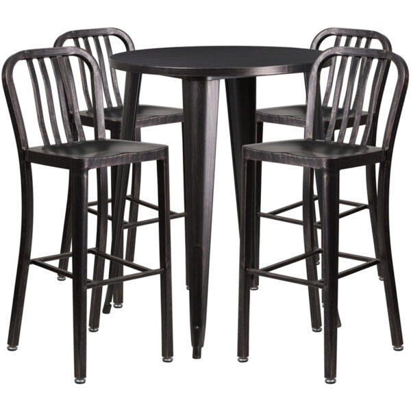 Lowest Price 30'' Round Black-Antique Gold Metal Indoor-Outdoor Bar Table Set with 4 Vertical Slat Back Stools
