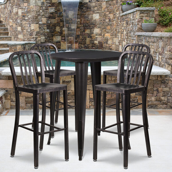 Wholesale 30'' Round Black-Antique Gold Metal Indoor-Outdoor Bar Table Set with 4 Vertical Slat Back Stools