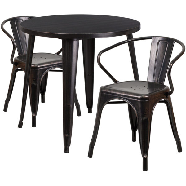 Wholesale 30'' Round Black-Antique Gold Metal Indoor-Outdoor Table Set with 2 Arm Chairs