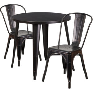 Wholesale 30'' Round Black-Antique Gold Metal Indoor-Outdoor Table Set with 2 Cafe Chairs