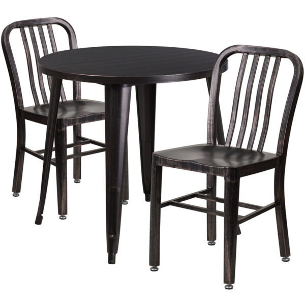Wholesale 30'' Round Black-Antique Gold Metal Indoor-Outdoor Table Set with 2 Vertical Slat Back Chairs